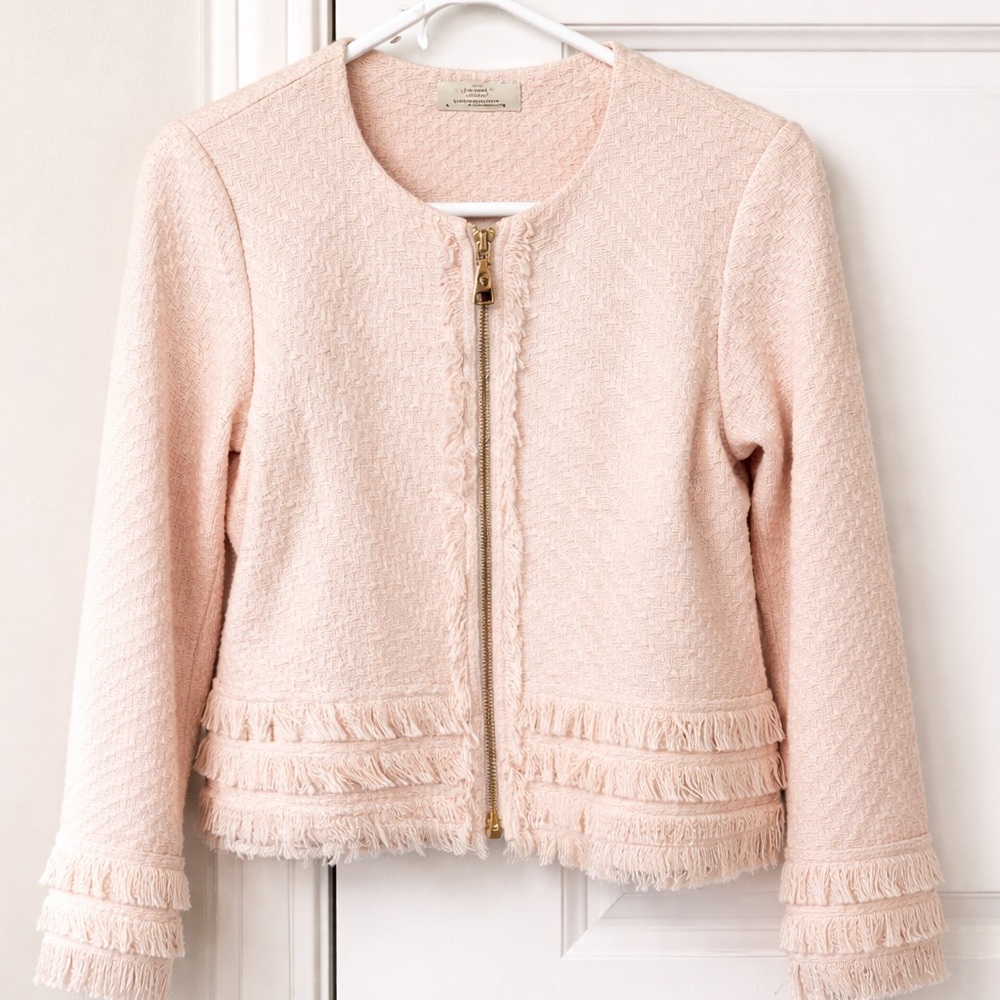 Spartina 449 Champagne Pink Fringe Jacket Gold Zip Blazer XS